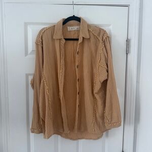 Free‎ People Striped Oversized Cotton Button Down Shirt Top XS Mustard Fray Top
